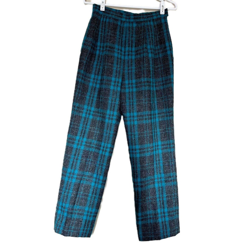 Vintage Wool Pants Size 8 Plaid Green Black High Waisted